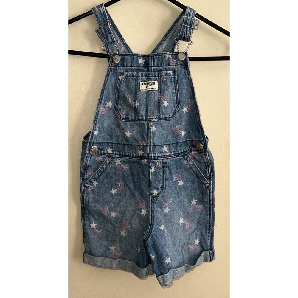 OshKosh Vestbak Overalls‎ Shorts 5T Blue with Rainbow And Stars